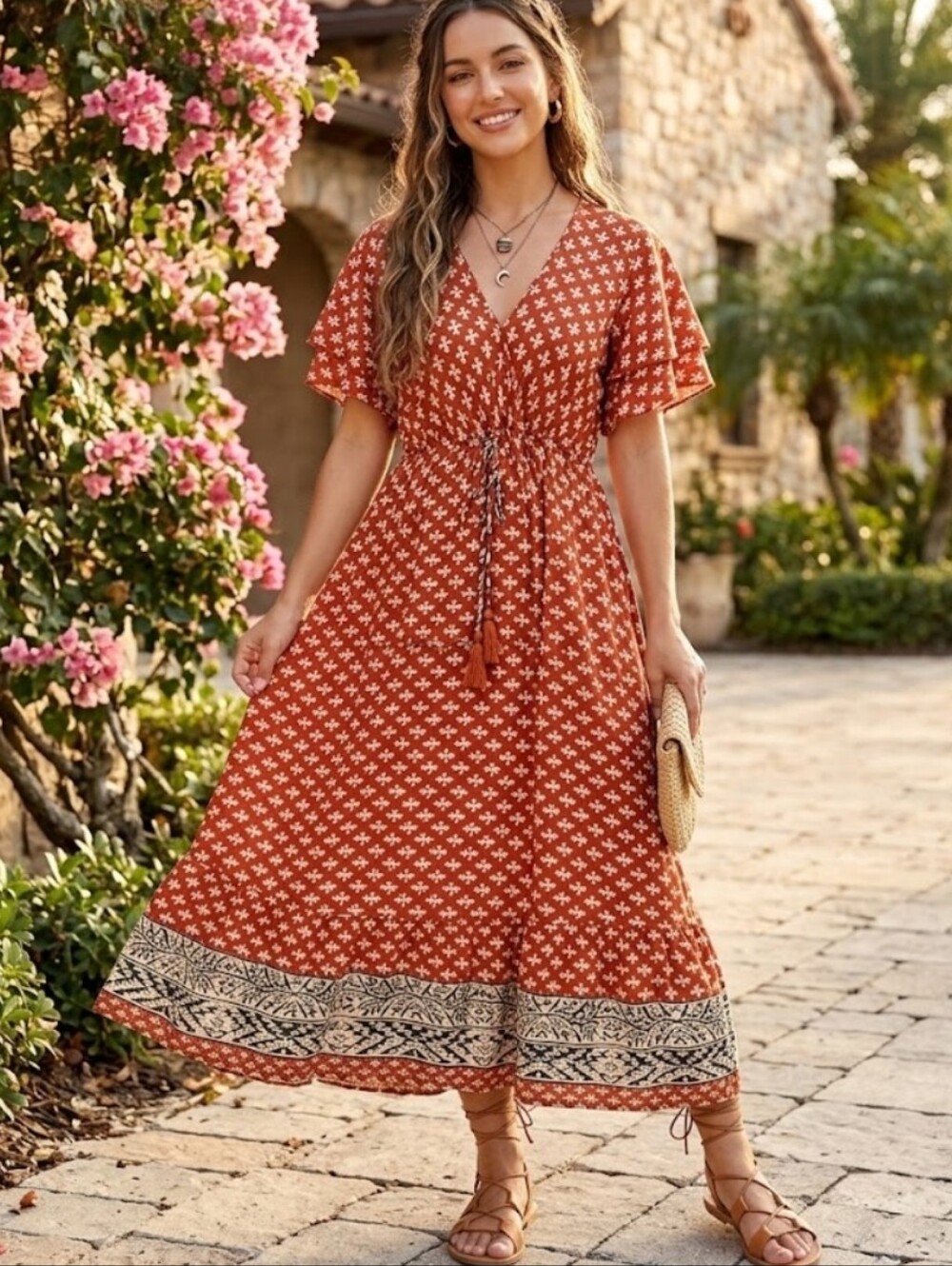 Boemo Boho Rust Printed V-Neck Flutter Sleeve Tassel Tie Midi Dress Size Large